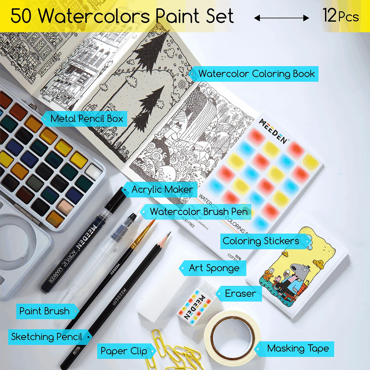 MEEDEN Complete Watercolour Kit 50 Colour Palette