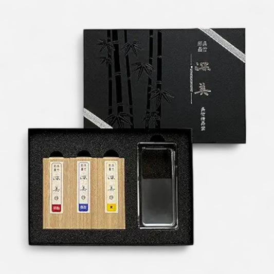Kuretake SAIBOKU SHIMBI Set of 3 Inksticks & Glass Inkstone