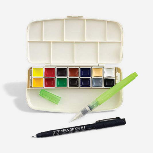 Kuretake GANSAI Portable 14 Colour Travel Set